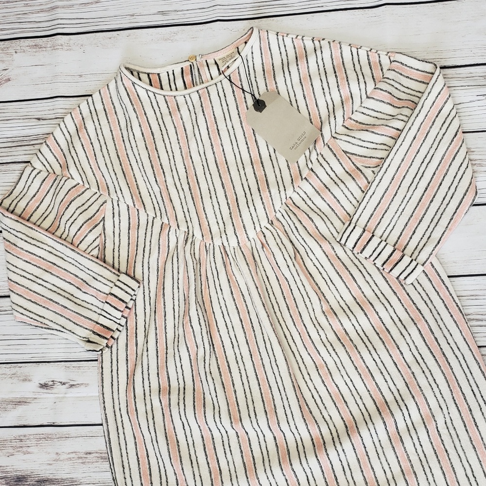Zara Girls Pin Stripped Long Sleeve Dress Sz 9 - Picture 3 of 7